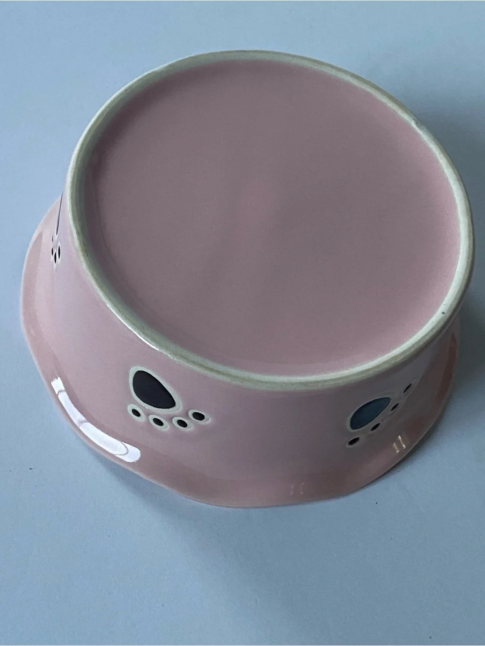 Pink Ceramic Dog Food Water Dish Bowl Stoneware 5” Wavy Edge Paw Prints Bone